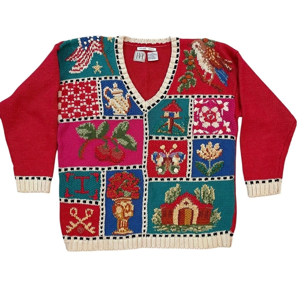 Vintage Patchwork Cottagecore Sweater Chunky Knit Americana Bird Fruit Flag 80s - Picture 2 of 9